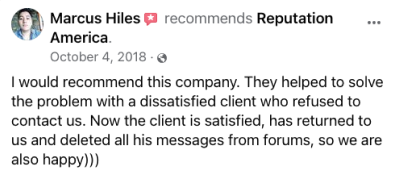 Review 'I would recommend this company. They helped to solve the ploblem with a dissatisfied client who refused to contact us. Now the client is satisfied, has returned to us and deleted all his messages from forums, so we are also happy)))'