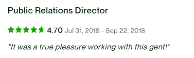 Review from Upwork with 4.70 stars 'It was a true pleasure working with this gent!'