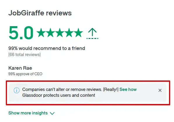 Notice on the website: companies cannot delete reviews for no reason.