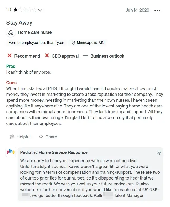 An example of a company's response to a negative review