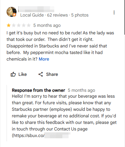 Company response to negative review