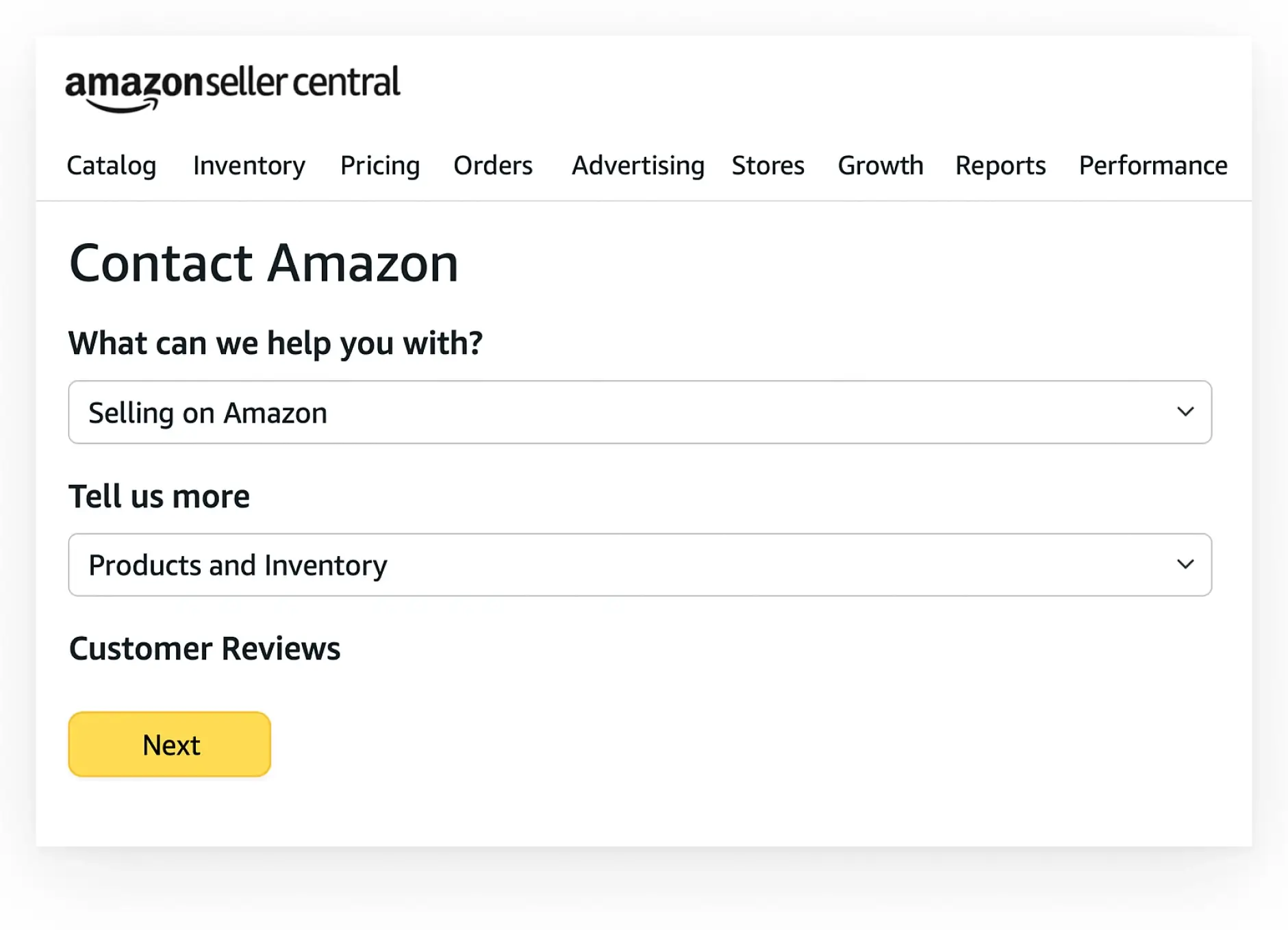 Amazon Seller Central page for contacting support about customer reviews Amazon Seller Central contact form for reporting customer review issues