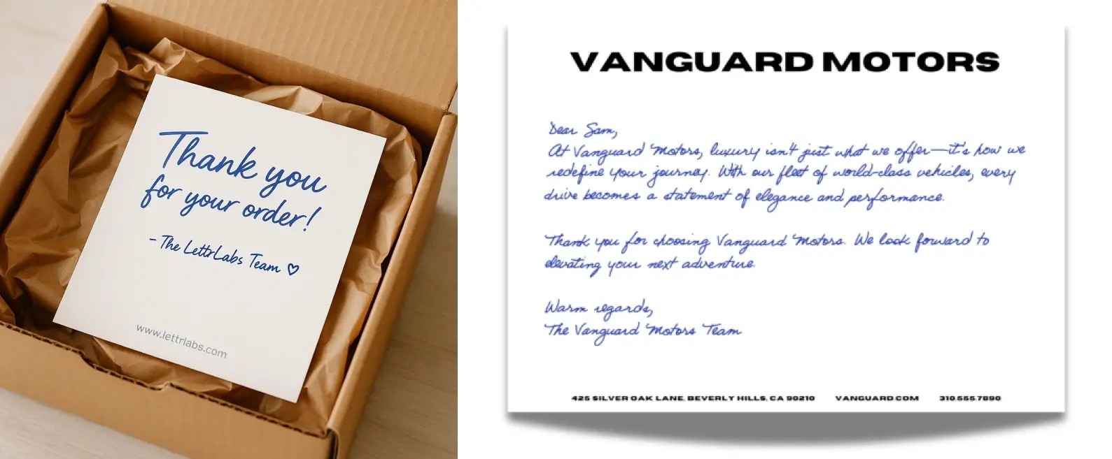Thank-you notes used by businesses to improve customer experience and reviews Examples of thank-you notes included in customer orders to encourage positive reviews